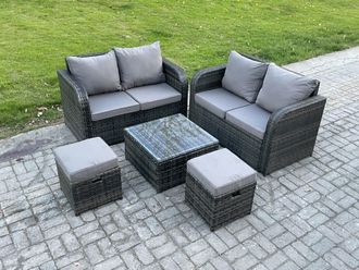 Fimous Rattan Sofa Set Outdoor Garden Furniture Set with Square Coffee Table Loveseat Sofa 2 Small Footstool Dark Grey Mixed