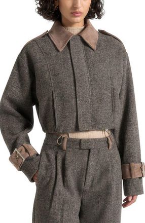 Mani&egrave;re De Voir Galia Herringbone and Suede Bungee Hem Jacket in Grey at Nordstrom, Size 16