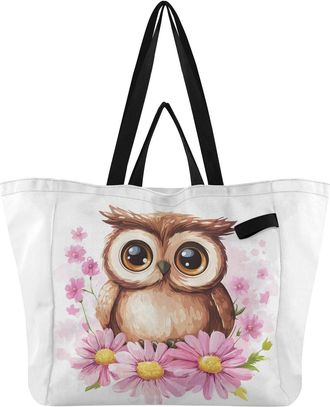 Generic Owl Pink Flowers print Reusable Canvas Tote Bag, Heavy Duty Grocery Shopping Bag with Hard Bottom Double Handles Large Capacity Work Groceries Travel