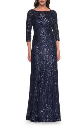 La Femme Print Sequin Gown with High Neckline and Sleeves in Navy at Nordstrom, Size 10