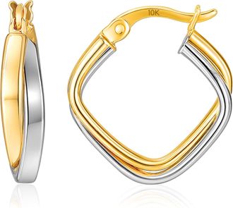 MAX + STONE Solid 10K Yellow and White Gold Two Tone 12mm Double Square Hoop Earrings