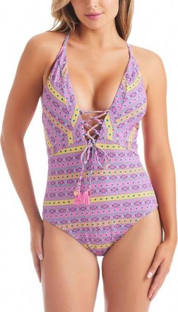 Jessica Simpson Shine Bright Lace Front One Piece Swimsuit In Tulip Multi