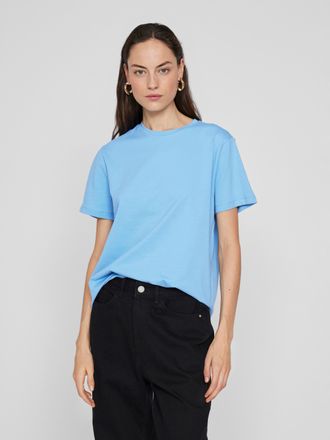 Vila Kurzarmshirt VILA VINORA S/S T-SHIRT - NOOS, Damen, Gr. XS, blau (blissful blau), Jersey, Obermaterial: 96% Baumwolle, 4% Elasthan, unifarben, regular