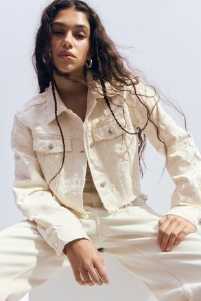 H&M Cropped Twill Jacket in Cream at Nordstrom, Size Xx-Large