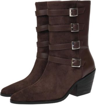 Generic Womens Suede Western Riding Mid-Calf Boots with Buckle Straps, Pointed Toe & Chunky Block Heel,Brown,6.5 UK