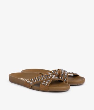 Pedro Garcia Slide flat sandal brown suede with crystals| Analis| Fall winter 25 | PEDRO GARCIA