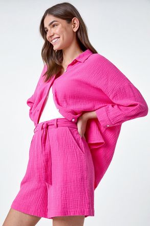 Roman Textured Elastic Tie Waist Cotton Shorts