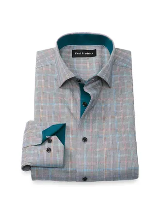 Paul Fredrick Comfort Stretch Non-iron Check Dress Shirt With Contrast Trim