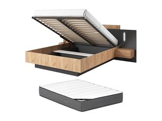 Vente-Unique Canap&eacute; abatible con mesitas de noche 160 x 200 cm - 2 cajones - Con LEDs - Color: Natural y antracita + Colch&oacute;n - FRANCOLI