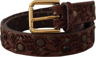 Dolce & Gabbana Brown Calf Leather Embossed Gold Metal Mens Buckle
