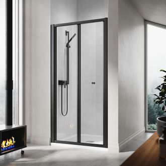 Elegant Lighting 900mm Black Frame Bi-Fold Shower Door Enclosure Glass Reversible Folding Cubicle with Side Panel, Rectangular SMC Tray and Waste Trap