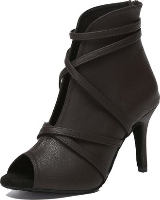 Minitoo Dance Heels for Women Sexy Boots Lace up Latin Ballroom Evening Sandal Booties L579 Dark Coffee 8.5cm Heel UK 5.5
