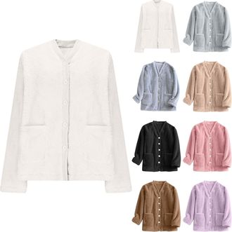 Generic Bed Jackets for Women Fleece Bed Jackets for Women UK Soft Casual Button Down V Neck Pyjamas Jacket Thickened Plush Home Wear Comfy Nightwear with Poc