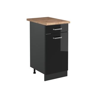 Vicco Mueble Bajo De Cocina R-line, Negro Brillo Intenso/antracita, 40 Cm Encimera Roble Dorado, Vicco