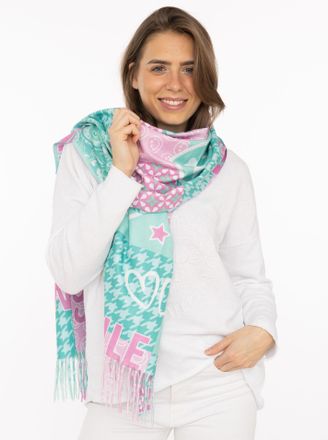 Zwillingsherz Schal ZWILLINGSHERZ Printclash Smile, Damen, t&uuml;rkis, Web, Obermaterial: 100% Polyester, Modet&uuml;cher Schal, mit Fransen, Mustermix und Schriftzug