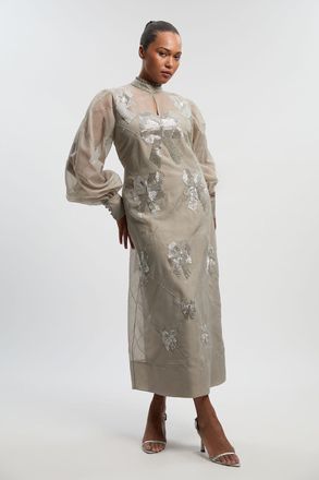 Karen Millen Womens Plus Size Crystal Embellished Organdie Balloon Sleeve Midi Dress - Silver - Size 18 UK