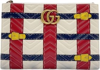Gucci Ivory Navy Red Color Leather Clutch Bag (Pre-Owned)