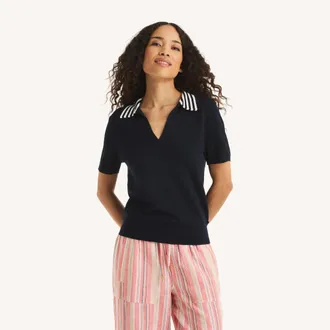 Nautica Womens Scallop-Trim Johnny Collar Short-Sleeve Sweater