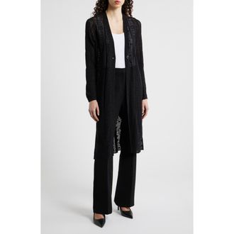 Anne Klein Open Stitch Cotton Blend Long Cardigan in Anne Black at Nordstrom, Size X-Small