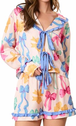 Peach Love California Ribbon Bow Printed Pajama Set In Cream Multi Color