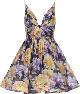 Zimmermann Pleated Mini Dress with V Neckline and Floral Pattern
