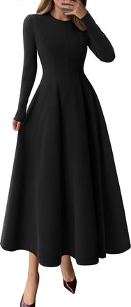 PrettyGarden Womens Fall Long Sleeve Midi Dress 2025 Casual Elegant Ruffle Flowy A Line Swing Cocktail Party Dresses, Black, S