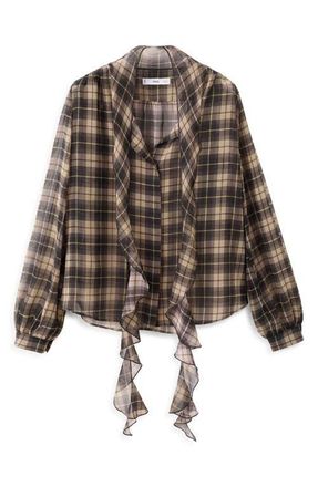 Mango Scott Plaid Pussybow Top in Black at Nordstrom, Size 8