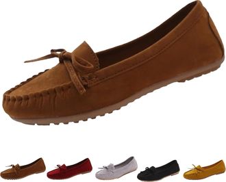 Generic Womens Faux Suede Orthopedic Flat Shoes with Bow, Outdoor Slip on Driving Moccasins, Business Casual Penny Loafers (Brown,3.5)