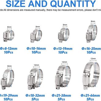 OEM Surtido De 65 Abrazaderas Ajustables De Acero Inoxidable (304) Para Tuber&iacute;as, De 8 A 44 Mm, Para Tuber&iacute;as De Agua, Fontaner&iacute;a, Automoci&oacute;n Y Aplicacion
