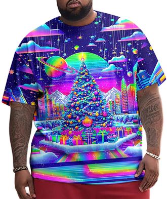 Generic Oversized Tshirts for Men - Colorful Christmas Tree Short Sleeve Graphic Tees | Trendy Holiday Clothes Cyber Christmas 7XL