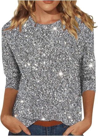 Generic Sparkly Tops for Women Uk: Silver Sequin Top Sparkly Sequin Top Glittery Shirts Xmas T-Shirt Elegant Sparkly Tops Christmas Blouse 3/4 Sleeve Plus Siz
