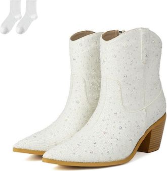 Generic Womens Western Cowboy Ankle Boots, Fashionable Mid-Calf Boots with Beads & Glitter, Comfortable Block Heel And Non-Slip Sole, Elegant Autumn Winter Bo