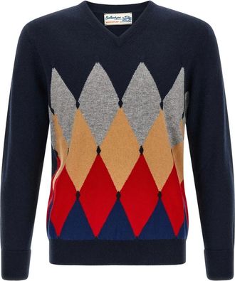 Ballantyne Truien & Vesten, Heren, Blauw, M, Kasjmier, Classic Diamond V Neck Pullover