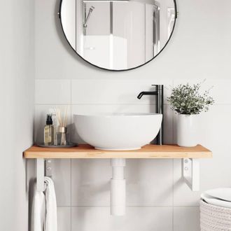 Berkfield Home Elegant Basin Shelf Wall Mounted Steel & Solid Wood Beech in Brown