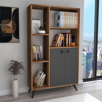 Dmora Librer&iacute;a Taggia, Biblioteca 5 Estantes, 2 Puertas, Instalaci&oacute;n Libre, 80x25x136h Cm Marr&oacute;n Nogal