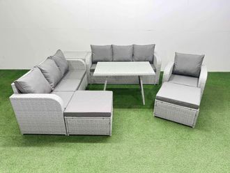 Fimous 7 Pieces Outdoor PE Rattan Garden Furniture with Side Table Big Stools in Light Grey
