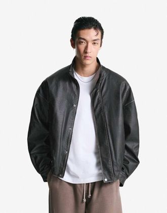 Bershka Giacca in pelle sintetica nera-Nero