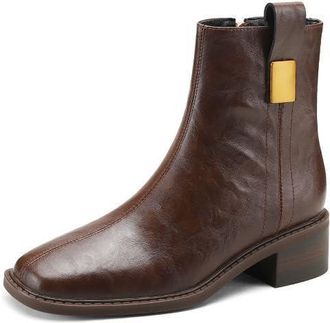 TinaCus Womens Handmade Genuine Leather Side Zip Classic Square Toe Low Heel Retro Ankle Boots, Brown, 5.5 UK