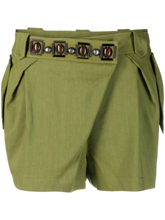 Alberta Ferretti stone-detailing low-rise mini shorts - women - Elastane/Linen/Flax/Viscose/Acetate/Cupro/glass/Metal/Acrylic - 40 - Green