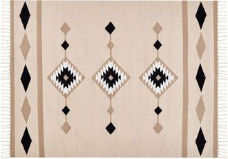 Beliani Alfombra Kilim De Algod&oacute;n Beige Negro Blanco 160 X 230 Cm A Mano Reversible Berdik