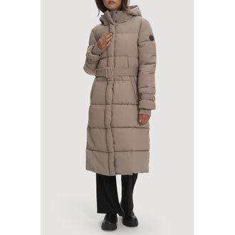 Noize Mara Belted Maxi Puffer Coat with Removable Hood in Bone at Nordstrom Rack, Size X-Small
