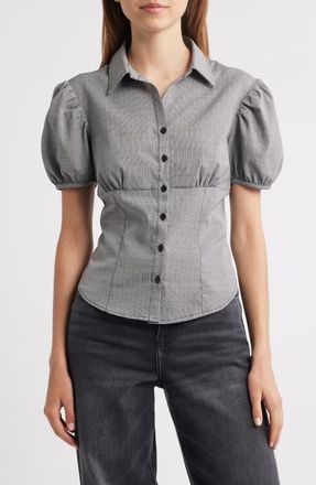 Lioness Mon Cheri Puff Sleeve Shirt in Onyx Gingham at Nordstrom, Size Medium