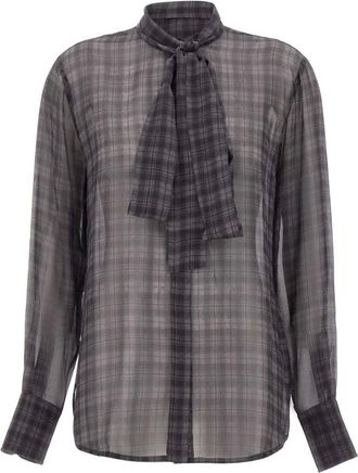 7 For All Mankind Overhemden, Dames, Grijs, S, Lange Mouw Zijde Strik Blouse