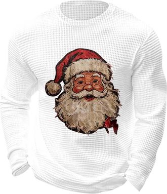 Generic Christmas Jumpers for Men Waffle Mens Christmas Ugly Jumper Santa Claus Printed Long Sleeve Tops Xmas T-Shirt Novelty Graphic Xmas Sweatshirt Fall Win
