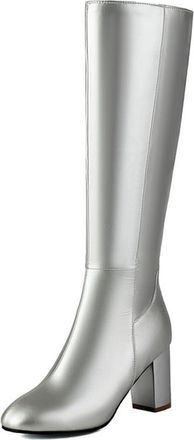 Generic Womens Knee High Boots Leather Block Heel Side Zip Versatile All Day Comfort Casual Winter Footwear,Silver,6.5 UK