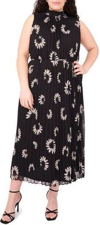 Halogen Daisy Print Sleeveless Pleated Maxi Dress in Rich Black at Nordstrom Rack, Size 3X