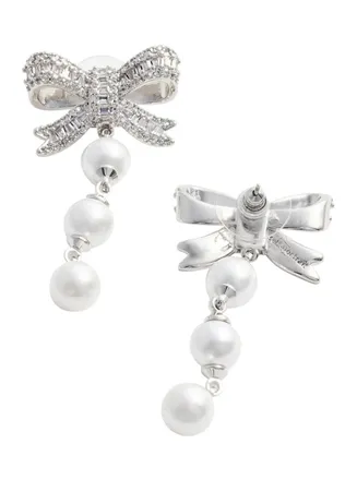 Self Portrait Womens Drop Earrings With Bow And Pearls, Metallic Metal