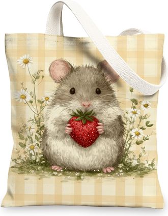 Generic Hamster Canvas Tote Bags, Cute Animal Print Reusable Grocery Bags, Vintage Floral Lightweight Washable Shoulder Strap for T, Beige, 13x15 Inch