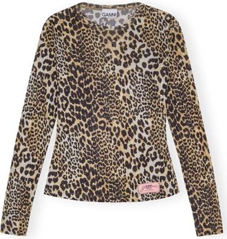 Ganni Bedrukte Mesh Long Sleeve Trui - Dames - Longsleeves - Bruin - S - Polyester - Tops