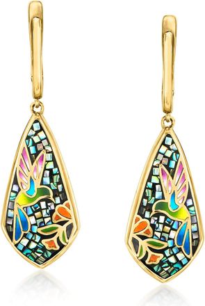 Ross-Simons Multicolored Enamel and Abalone Shell Hummingbird Mosaic Drop Earrings in 18kt Gold Over Sterling